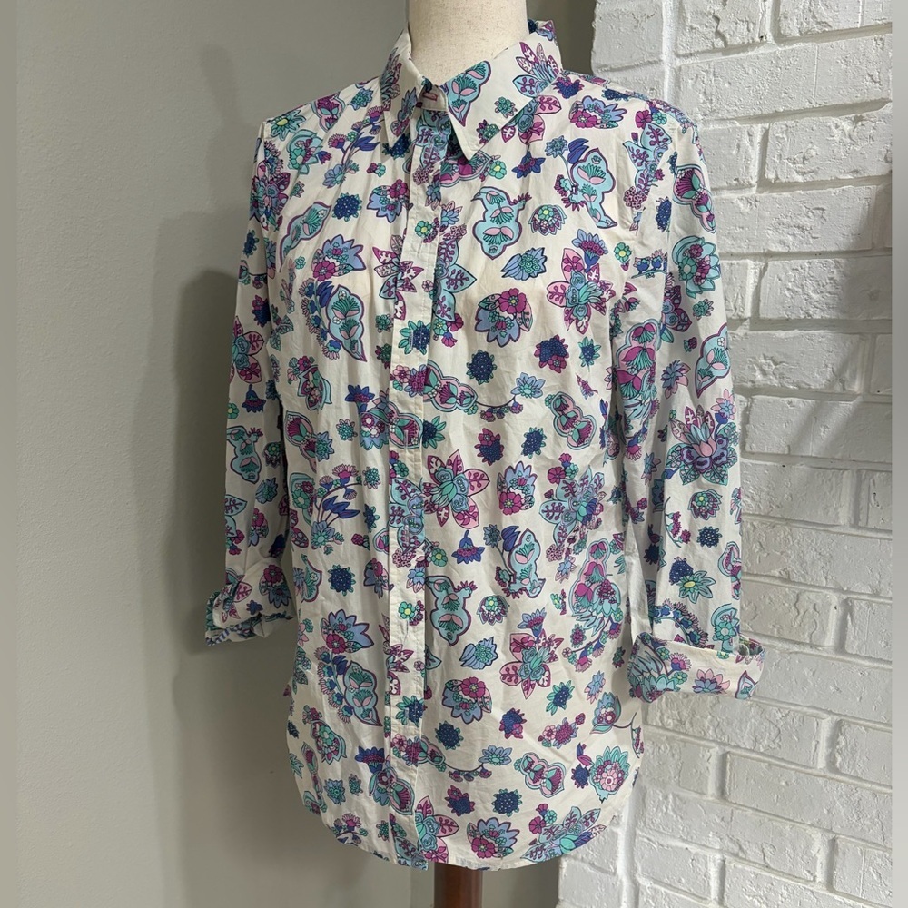 Women’s Button-Down Floral Print — White with Teal & Purple
